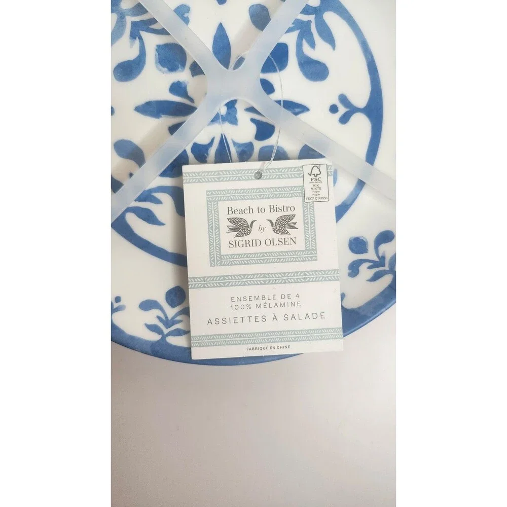 Sigrid Olsen Beach To Bistro Blue Floral Scroll MELAMINE Salad Plates Set Of 4